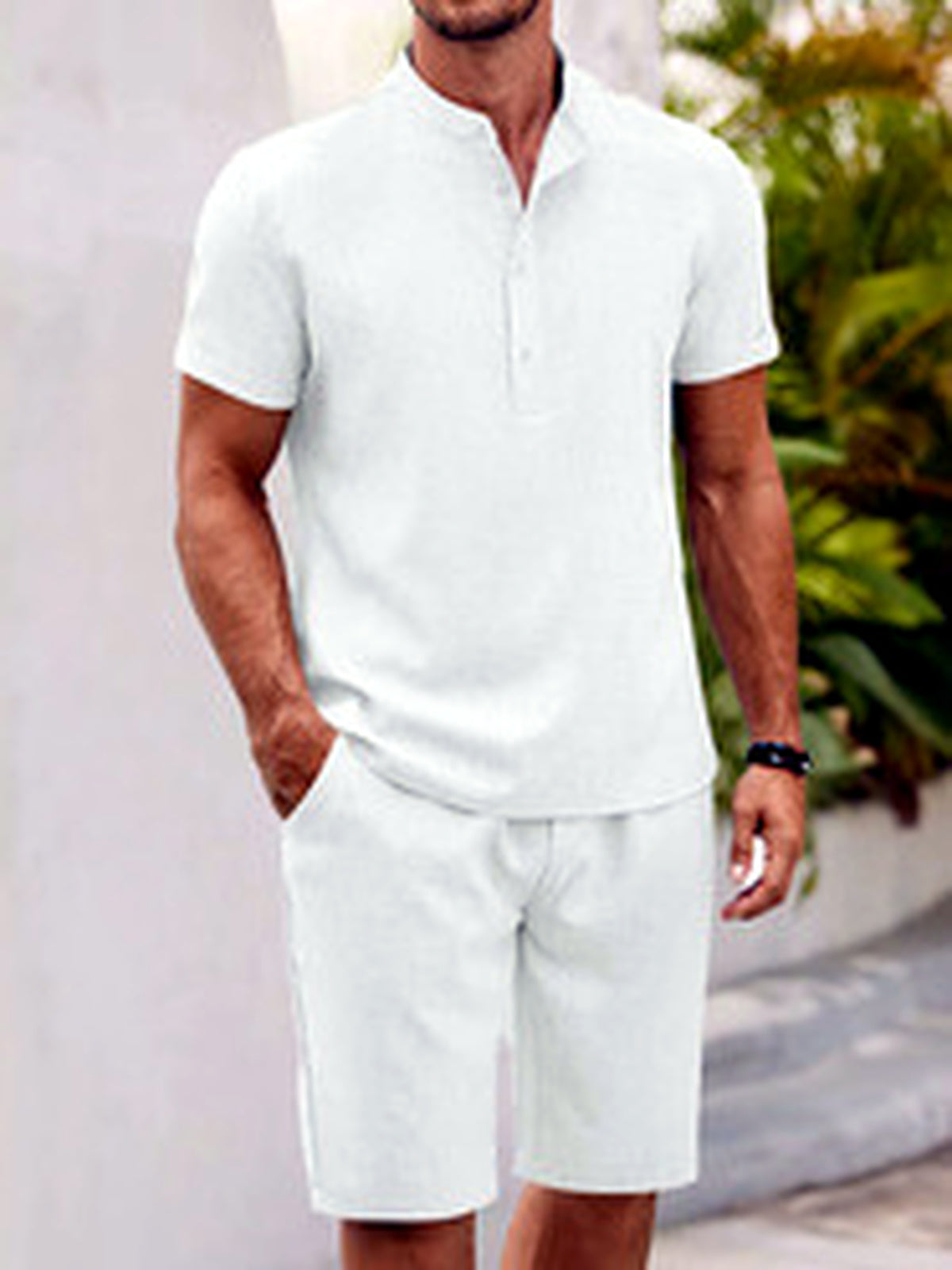 Men's Lyocell Cotton Casual Bermuda Shorts Elastic Waist Summer Shorts in Blue - product view