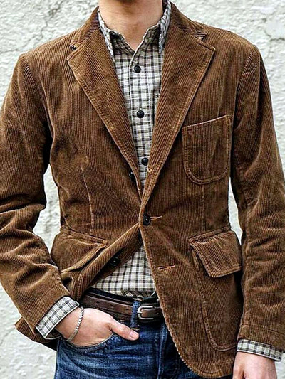 Men's Lapel Collar Solid Color Woven Long Sleeve Blazer Casual Spring and Fall in Brown - product view