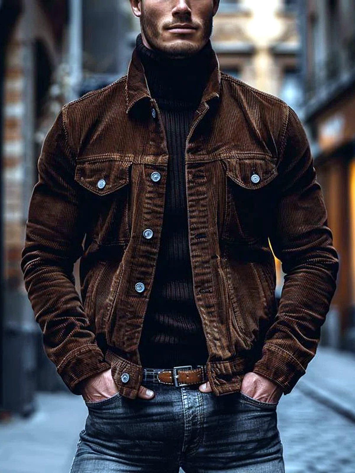 Men's Corduroy Lapel Collar Striped Long Sleeve Shirt Casual in LT-DXRJK-Coffee Brown - product view