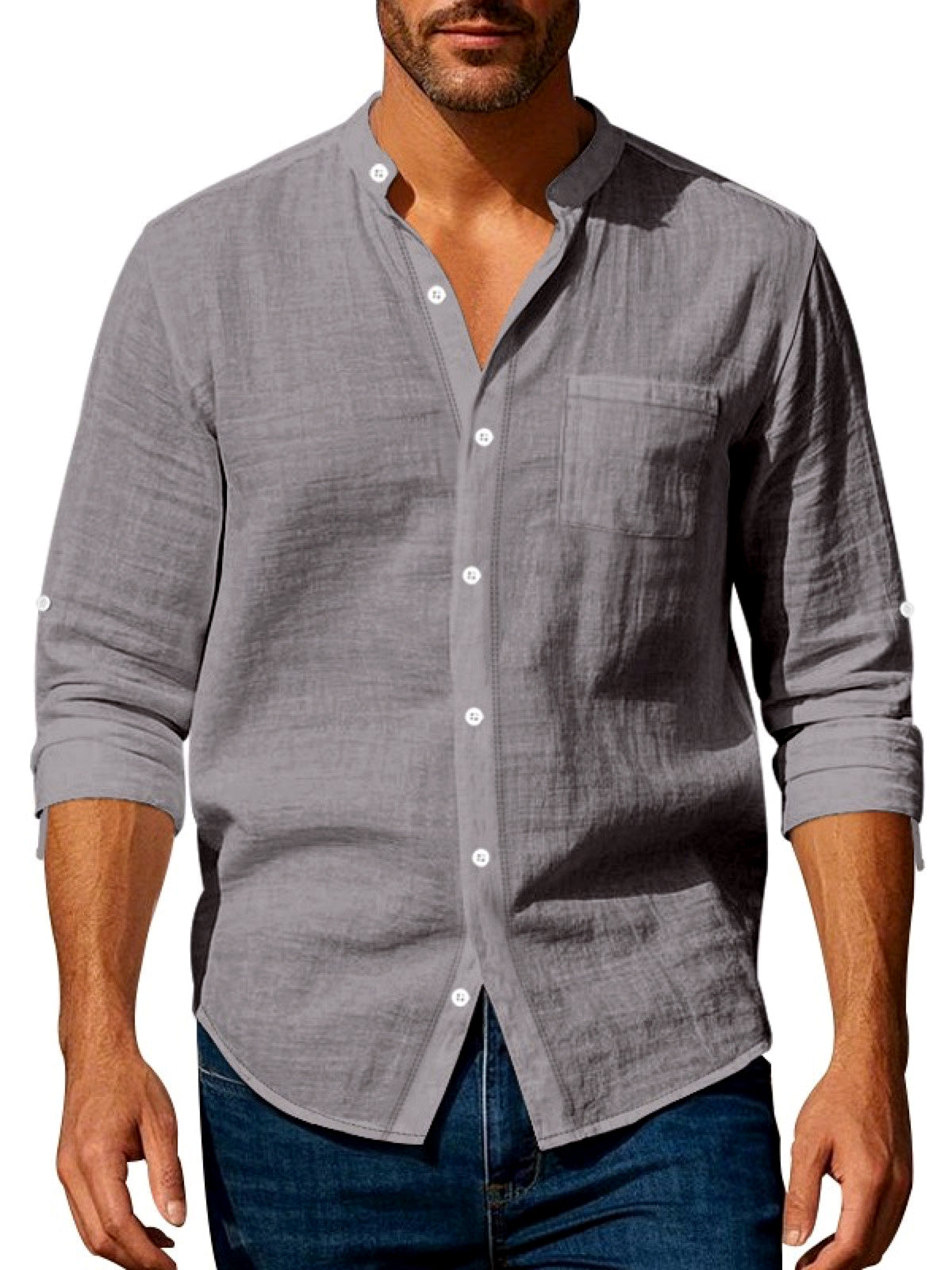 Men's Linen Blend Short Sleeve Shirt Lightweight Casual Summer Button Shirt in Gray - product view