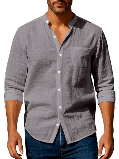 Men's Linen Blend Short Sleeve Shirt Lightweight Casual Summer Button Shirt in Gray - product view