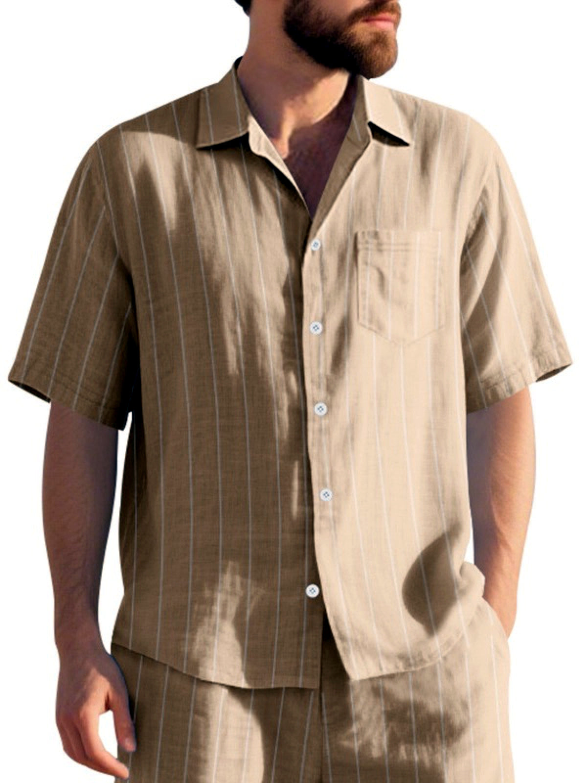 Men's Linen Blend Short Sleeve Shirt Lightweight Casual Summer Button Shirt in Khaki - product view