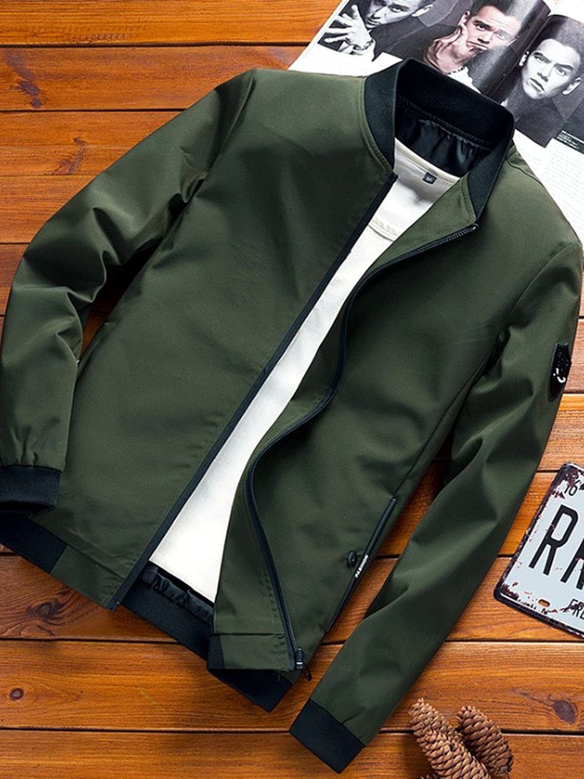Men's Stand Collar Solid Color Slim Fit Long Sleeve Jacket for Everyday Smart-Casual Wear in Army Green - product view