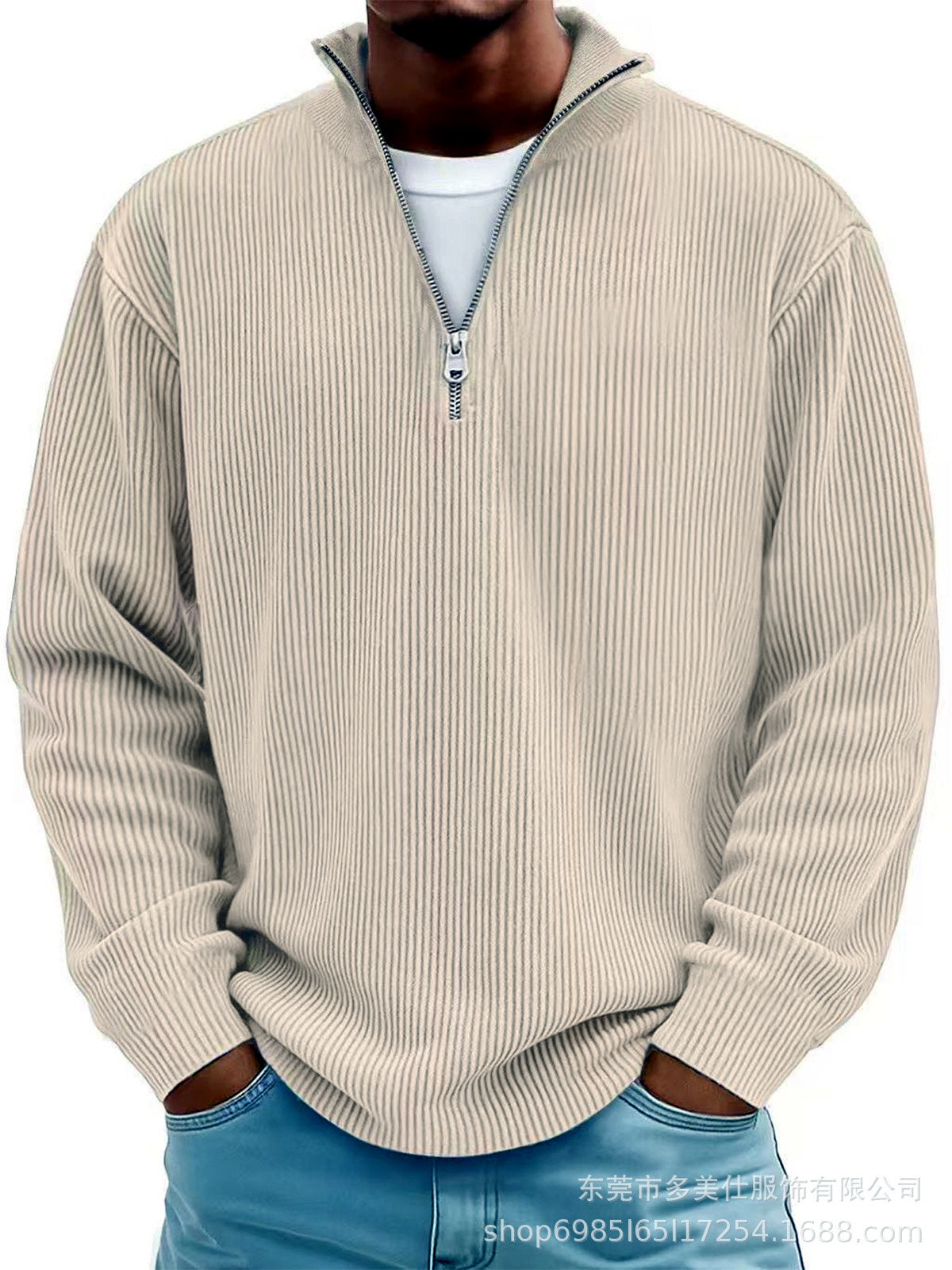 Men's Corduroy Quarter-Zip Stand Collar Long Sleeve Polo Shirt in Khaki - product view