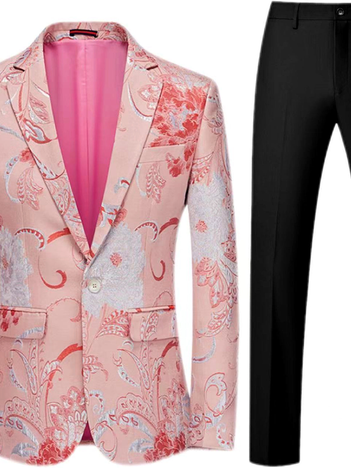 Men's Jacquard Blazer Suit Jacket One Button Party Banquet Formal Outfit in Pink+Black - product view
