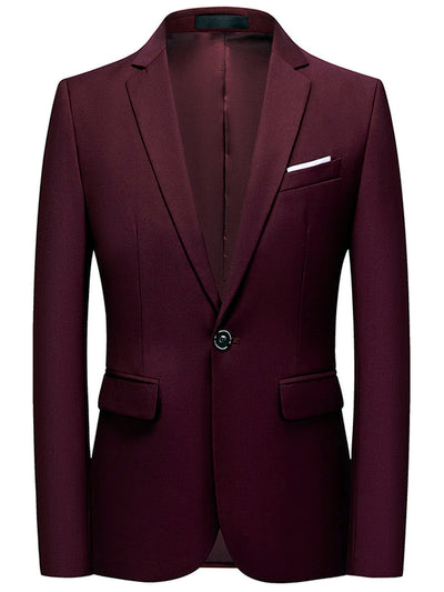 Men's Solid Color Slim Fit Long Sleeve Blazer for Everyday Smart-Casual Wear in Burgundy - product view