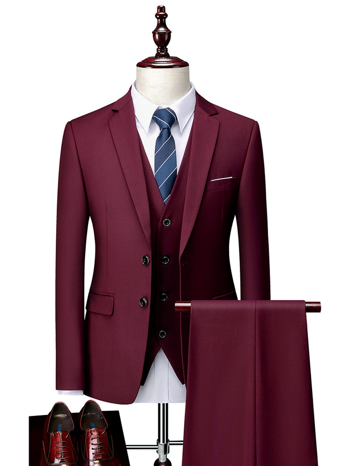 Men's Lightweight Business Blazer and Pants Set Casual Suit Outfit in Burgundy - product view