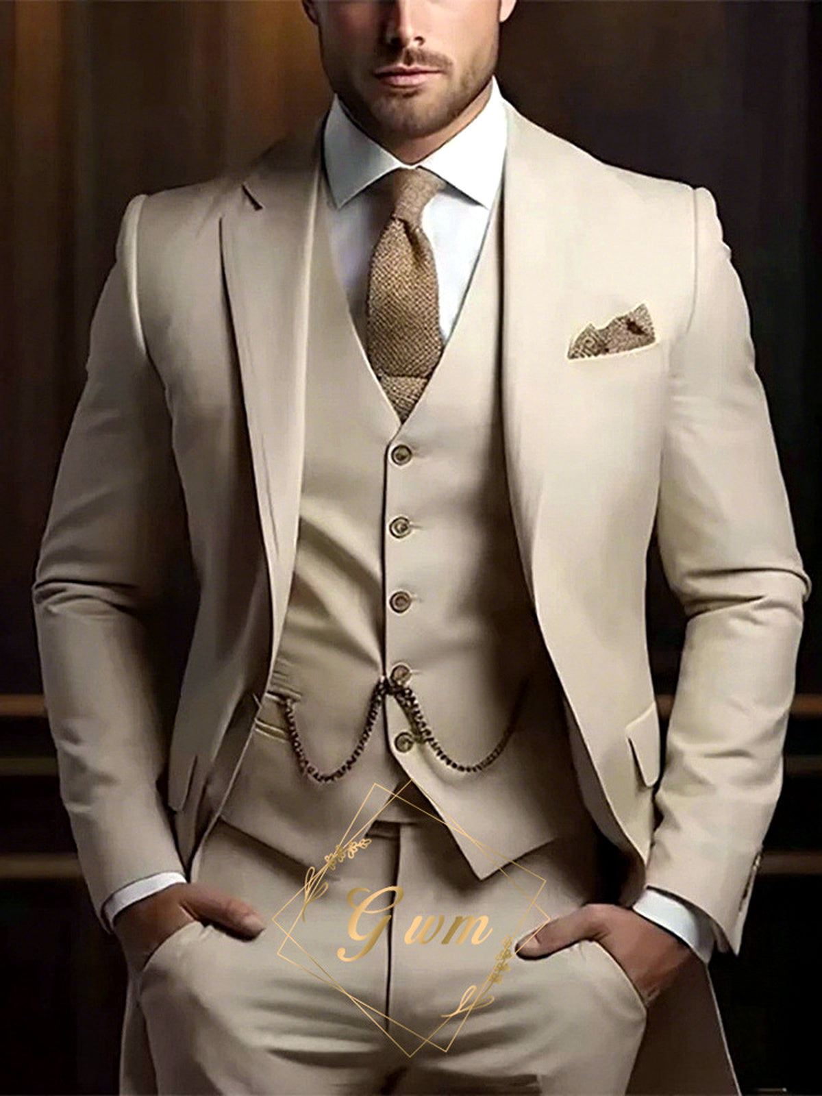 Men's Jacquard Blazer Suit Jacket One Button Party Banquet Formal Outfit in Khaki - product view