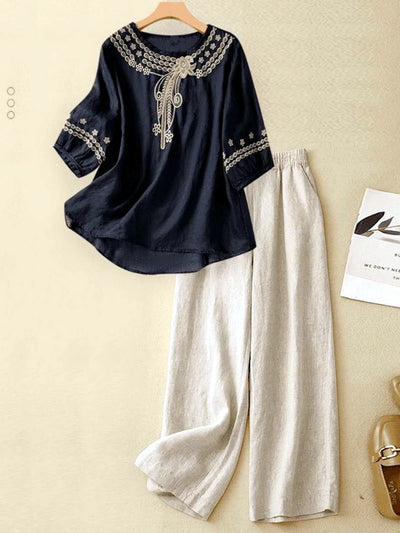 Women's Embroidered Cotton-Linen Tunic & Wide-Leg Pants Set in Black - product view