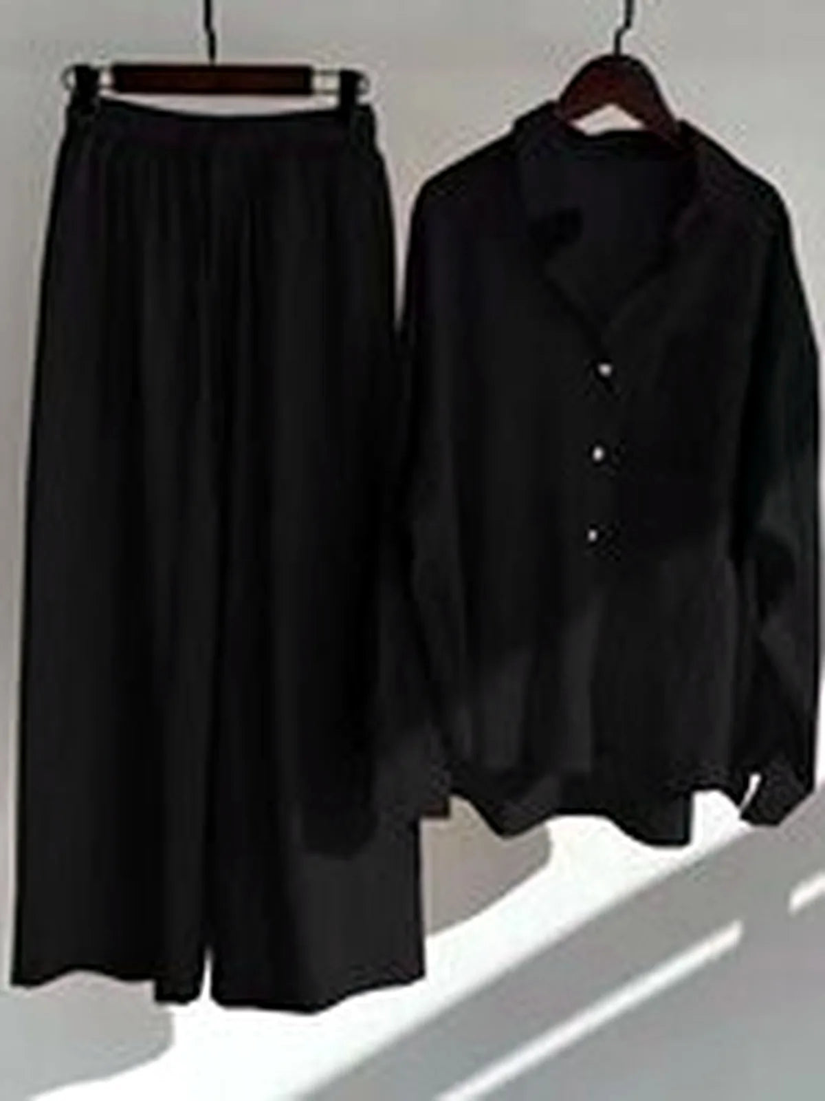 Women's Cotton Linen Two Piece Set with Shirt and Pants in Black - product view