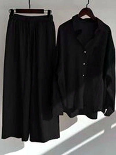Women's Cotton Linen Two Piece Set with Shirt and Pants in Black - product view