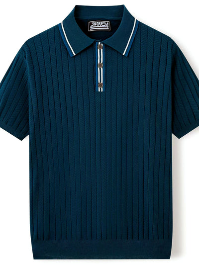 Men's Striped Jacquard Knit Short Sleeve Polo Shirt Business Casual Summer Top - product detail view 4