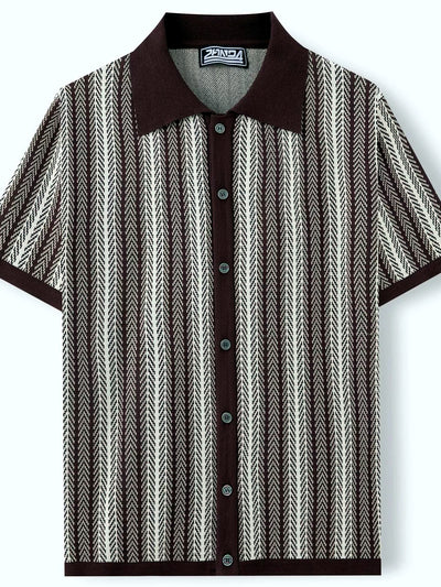 Men's Striped Jacquard Knit Short Sleeve Polo Shirt Business Casual Summer Top - product detail view 3