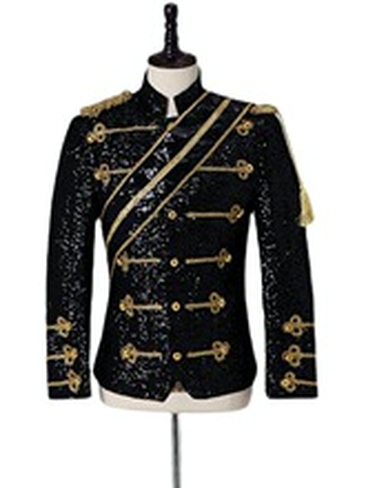 Men's Stand Collar Sequin Military-Inspired Slim Fit Long Sleeve Performance Jacket for Stage Shows and Events - product