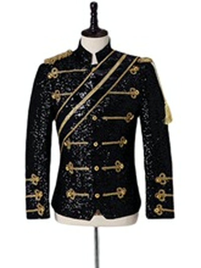 Men's Stand Collar Sequin Military-Inspired Slim Fit Long Sleeve Performance Jacket for Stage Shows and Events - product