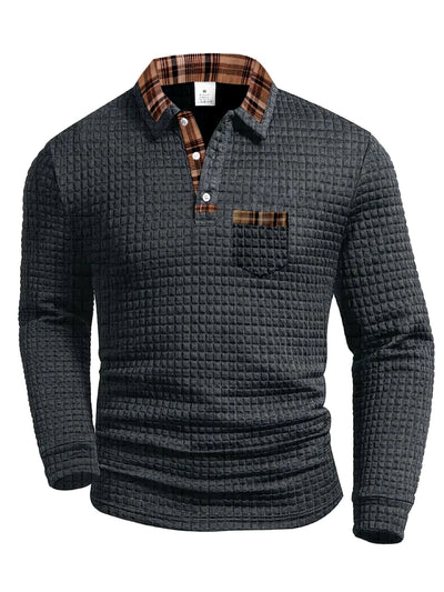 Men's Plaid Patchwork Pocket Long Sleeve Polo Shirt in Gray - product view