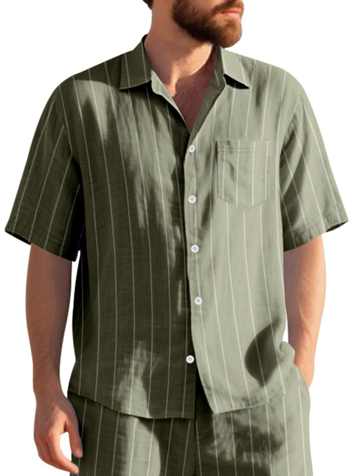 Men's Linen Blend Short Sleeve Shirt Lightweight Casual Summer Button Shirt in Army Green - product view