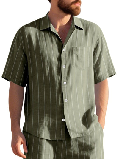 Men's Linen Blend Short Sleeve Shirt Lightweight Casual Summer Button Shirt in Army Green - product view