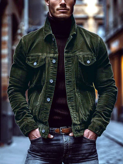 Men's Corduroy Lapel Collar Striped Long Sleeve Shirt Casual in LT-DXRJK-Army Green - product view