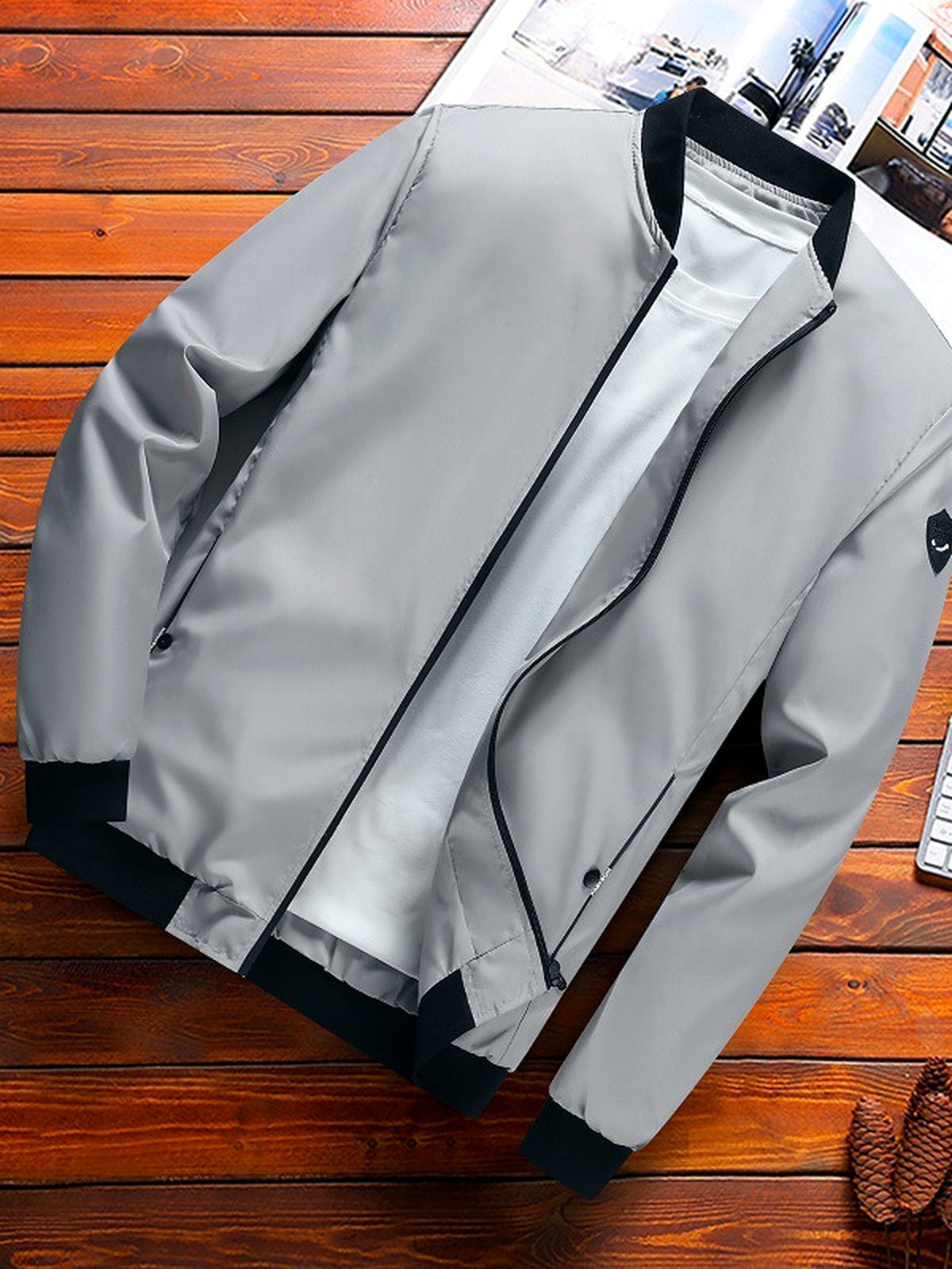 Men's Stand Collar Solid Color Slim Fit Long Sleeve Jacket for Everyday Smart-Casual Wear in Gray - product view