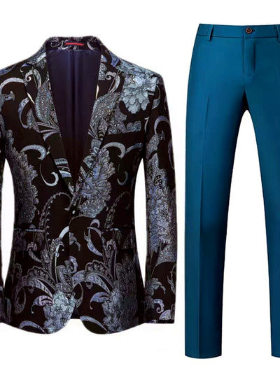 Men's Jacquard Blazer Suit Jacket One Button Party Banquet Formal Outfit in Blue+ - product view
