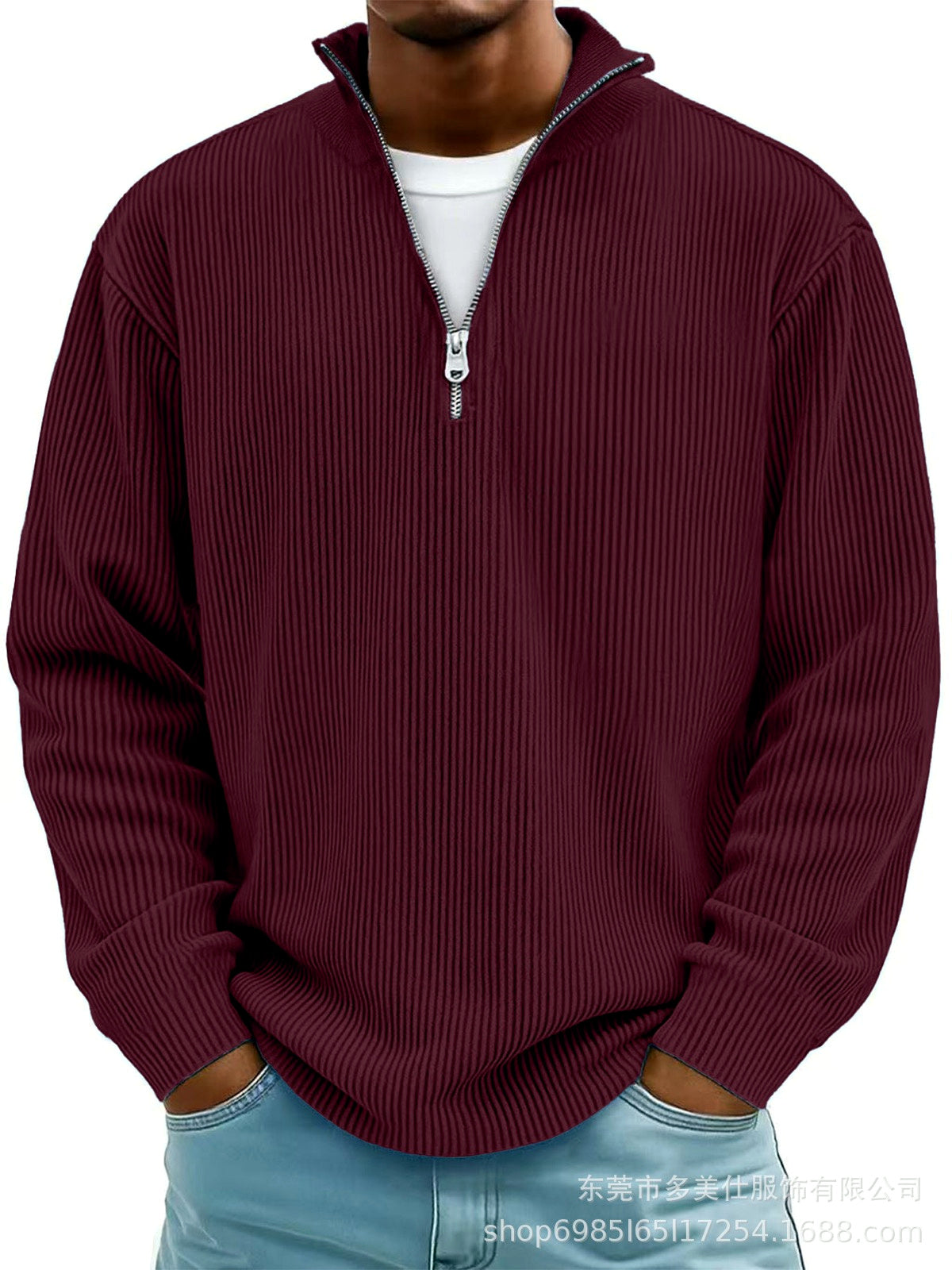 Men's Corduroy Quarter-Zip Stand Collar Long Sleeve Polo Shirt in Burgundy - product view