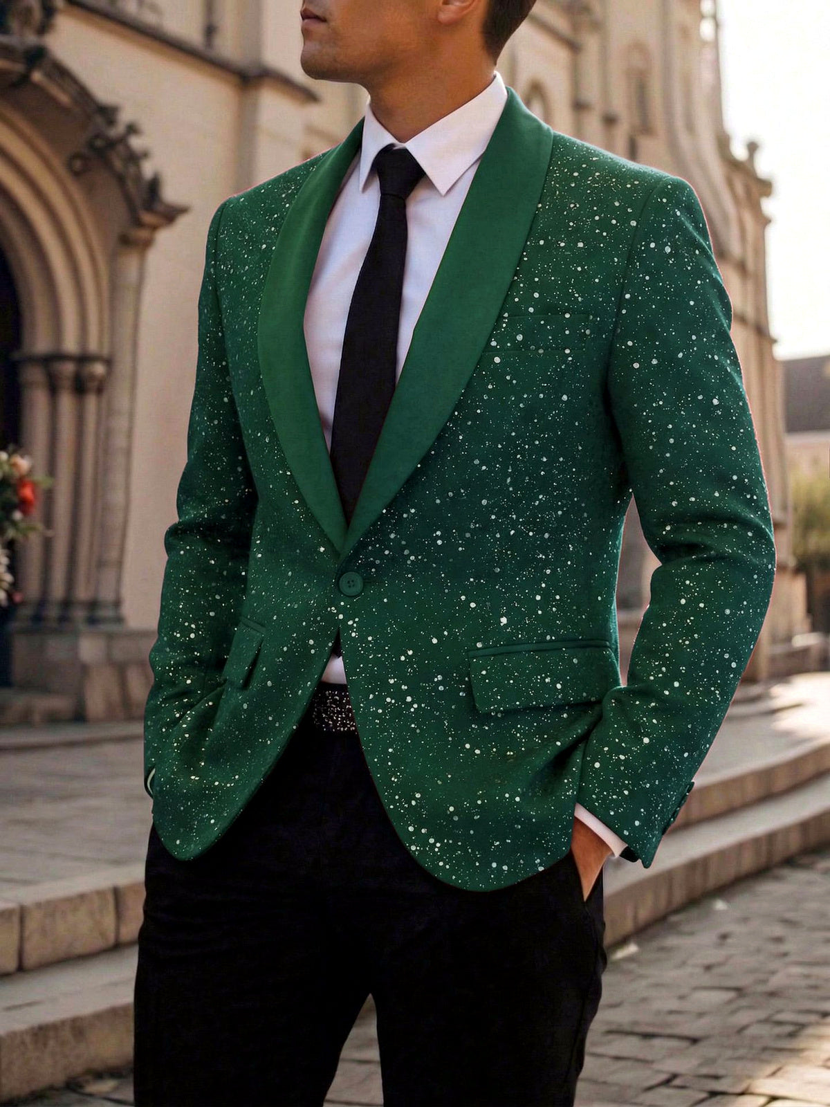 Men's Jacquard Blazer Suit Jacket One Button Party Banquet Formal Outfit in Dark Green - product view