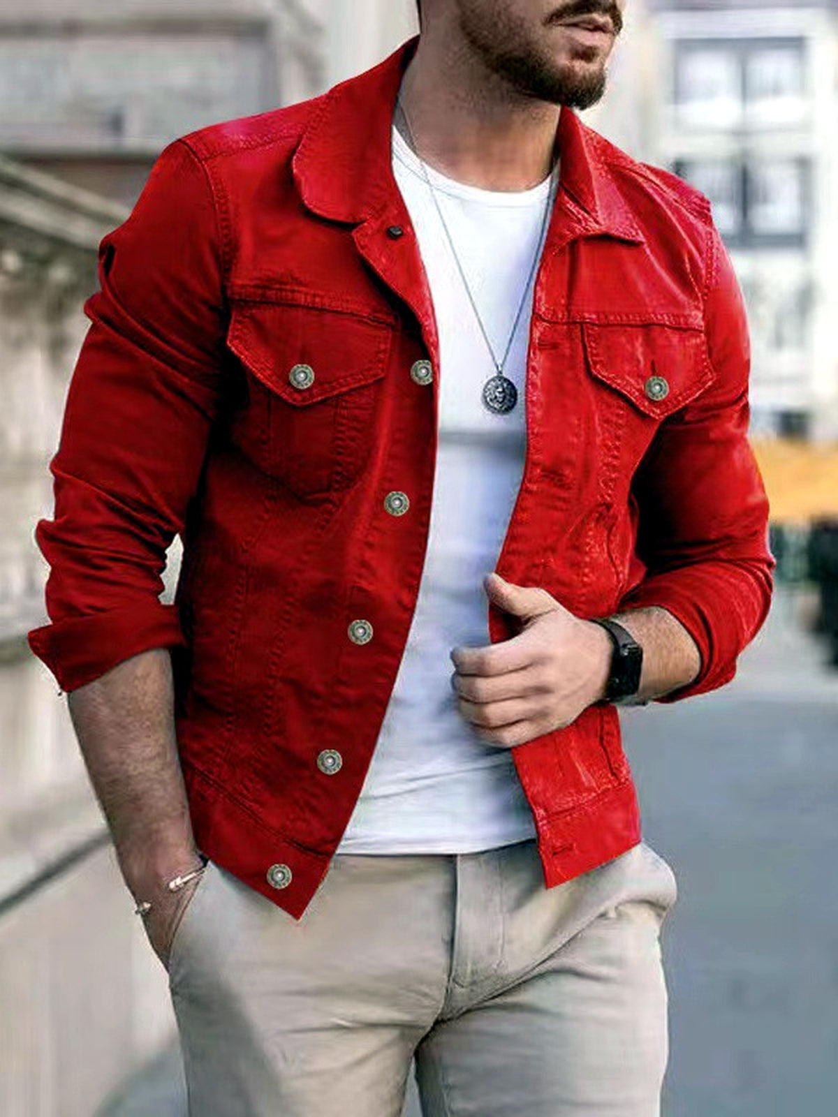 Men's Stand Collar Solid Color Slim Fit Long Sleeve Jacket for Everyday Smart-Casual Wear in Red - product view