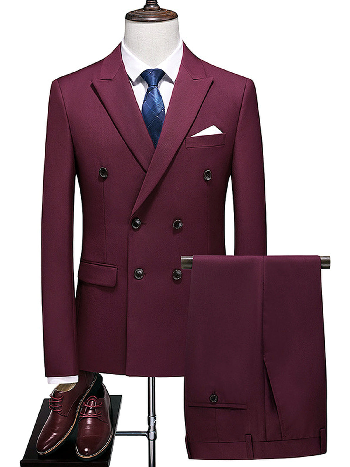 Men's Lightweight Business Blazer and Pants Set Casual Suit Outfit in Burgundy - product view