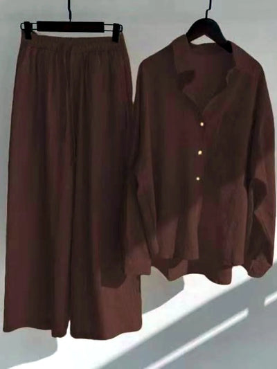 Women's Cotton Linen Button-Up Shirt & Wide-Leg Pants Set in Coffee Brown - product view