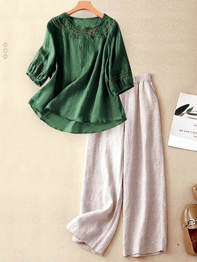 Women's Embroidered Cotton-Linen Tunic & Wide-Leg Pants Set in Green - product view