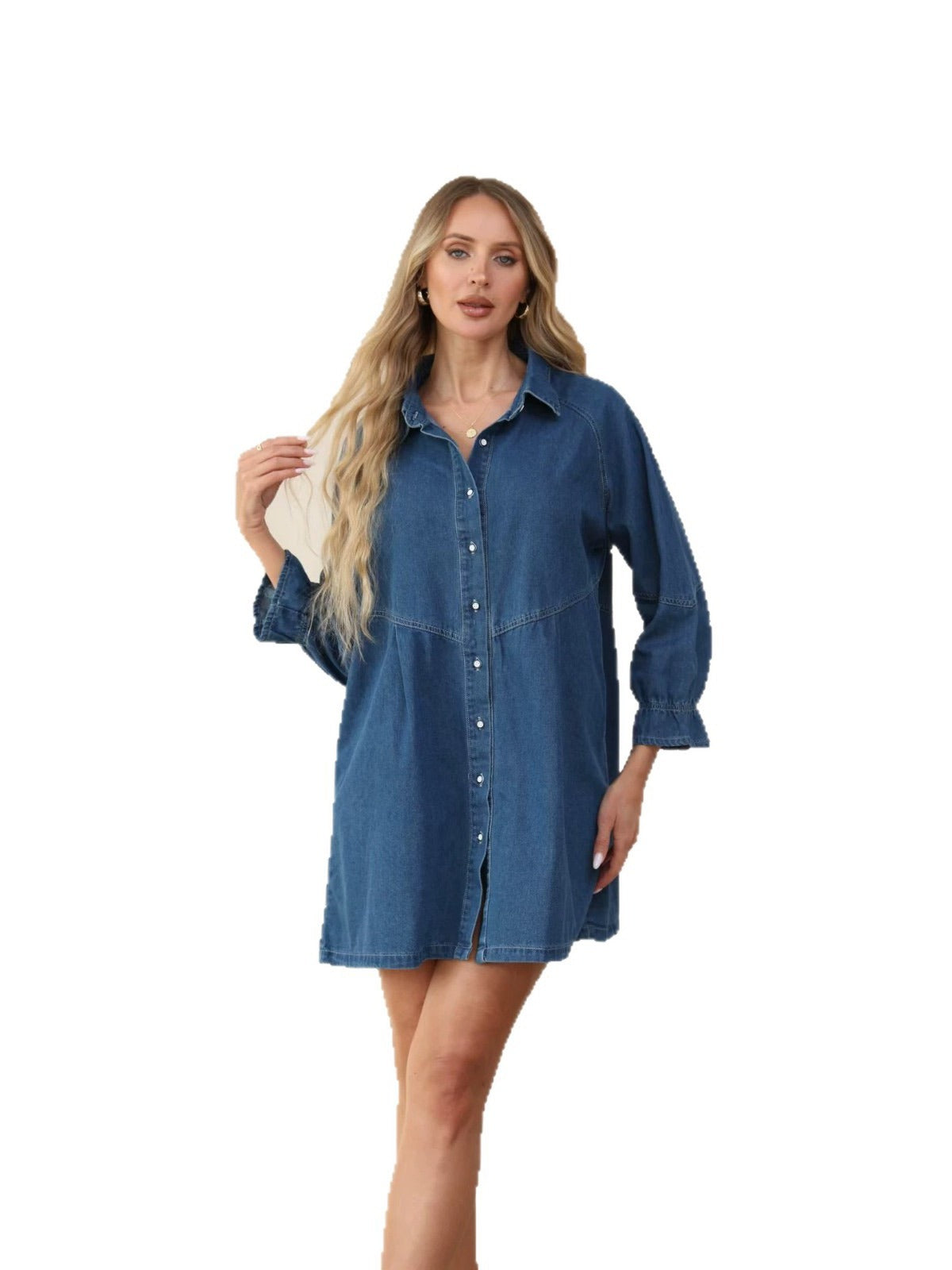 Women's Denim Shirt Dress Seven Quarter Sleeve Loose Casual Spring Dress product image