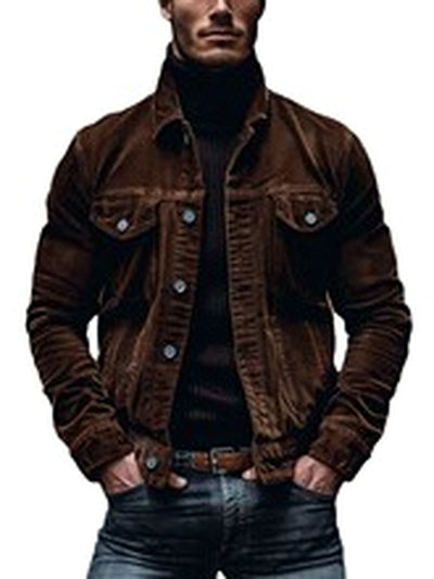 Men's Corduroy Lapel Collar Striped Long Sleeve Shirt Casual - product detail view 1