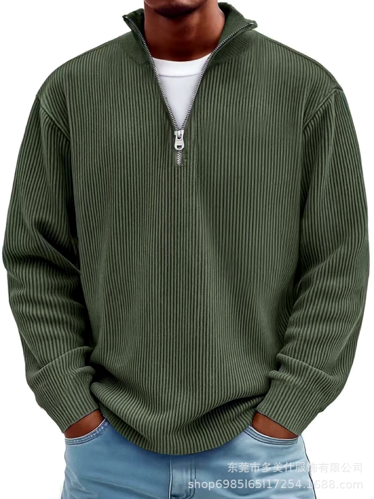 Men's Corduroy Quarter-Zip Stand Collar Long Sleeve Polo Shirt in Army Green - product view
