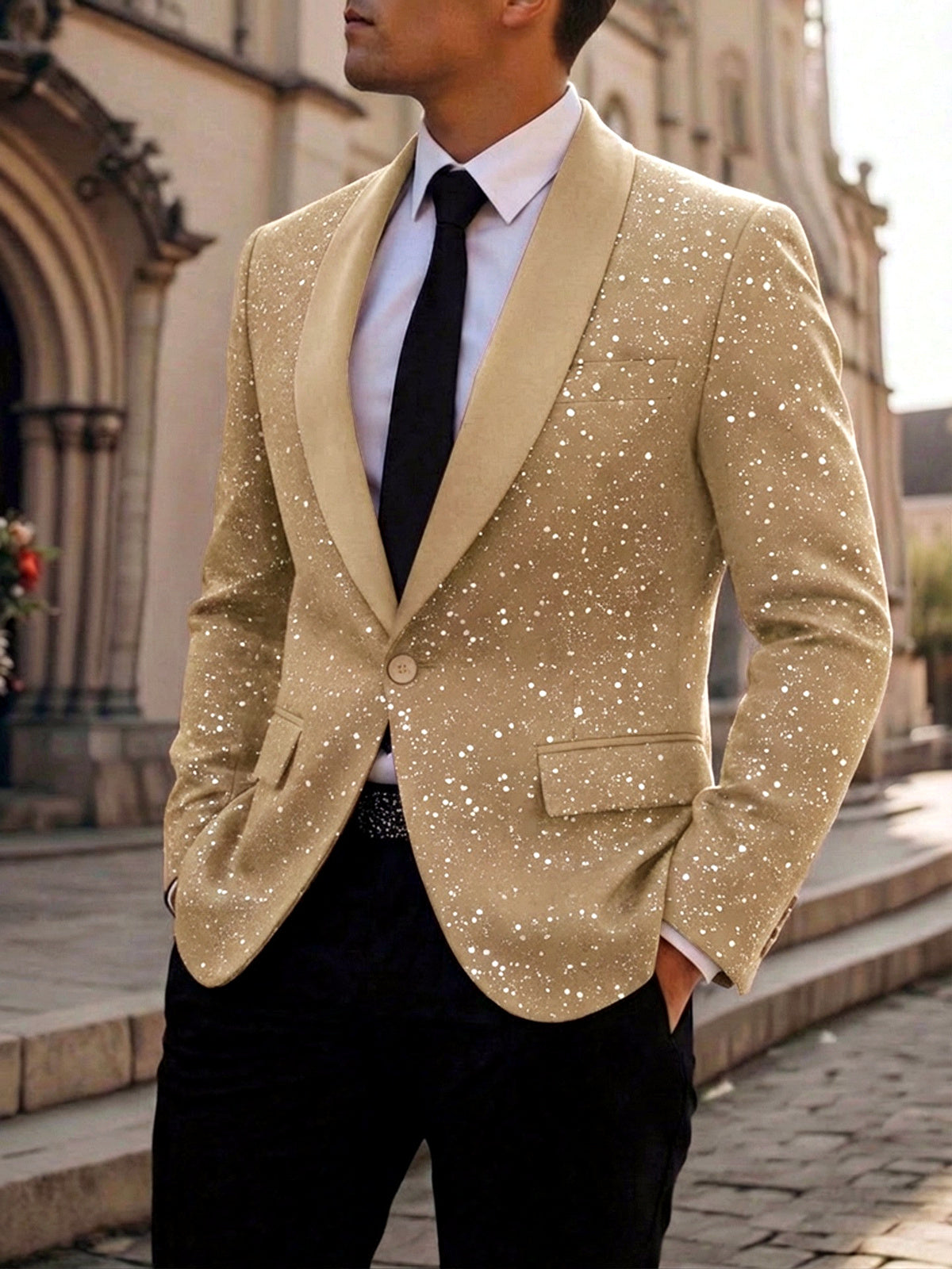 Men's Jacquard Blazer Suit Jacket One Button Party Banquet Formal Outfit in Khaki - product view
