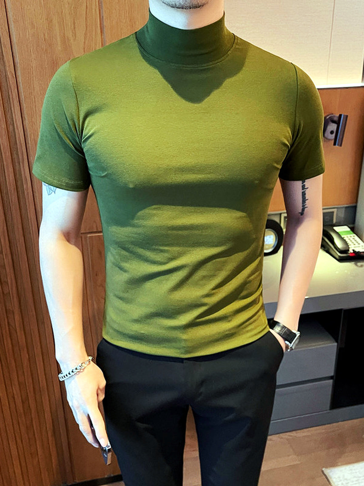 Men's Quick-Dry Henley Short Sleeve T-Shirt in Army Green - product view