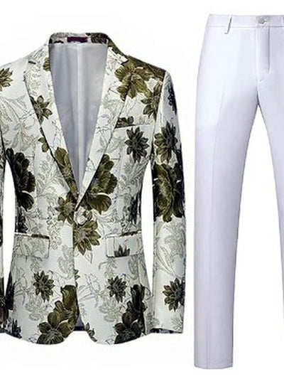Men's Jacquard Blazer Suit Jacket One Button Party Banquet Formal Outfit in Forest Green+White - product view