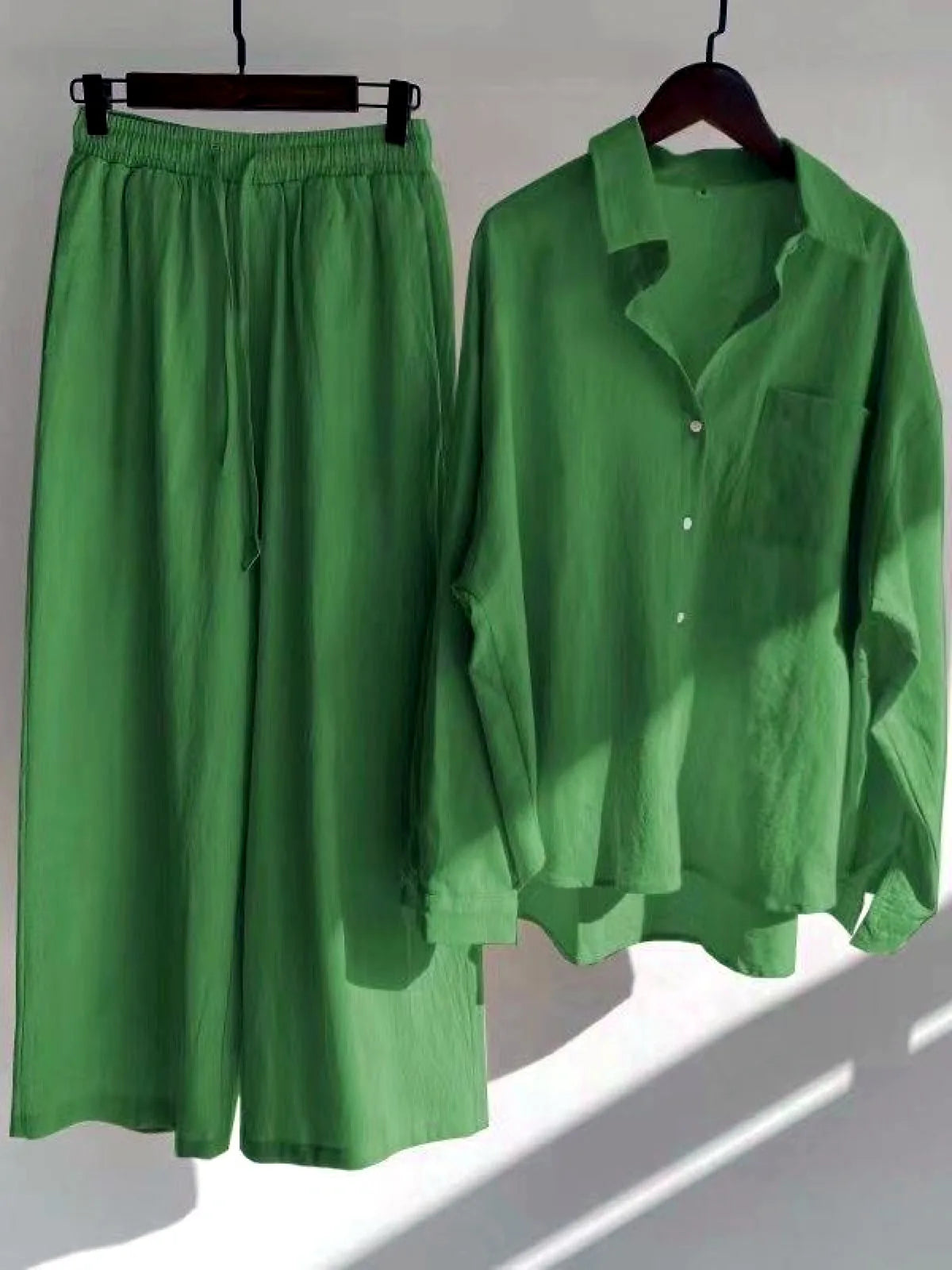Women's Cotton Linen Button-Up Shirt & Wide-Leg Pants Set in Green - product view