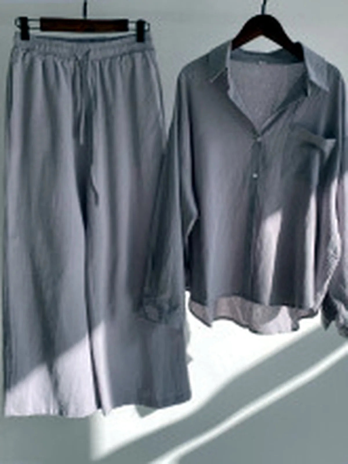 Women's Cotton Linen Two Piece Set with Shirt and Pants in Gray - product view