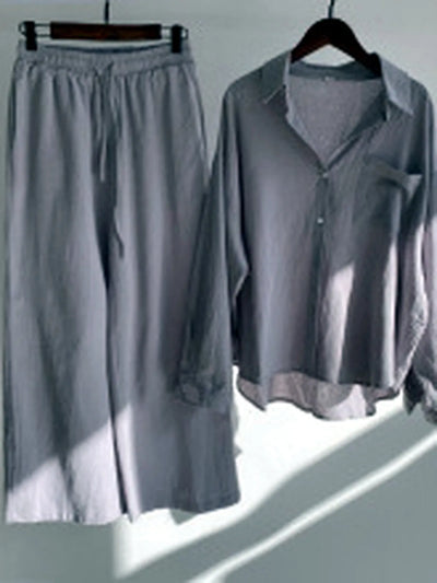 Women's Cotton Linen Two Piece Set with Shirt and Pants in Gray - product view