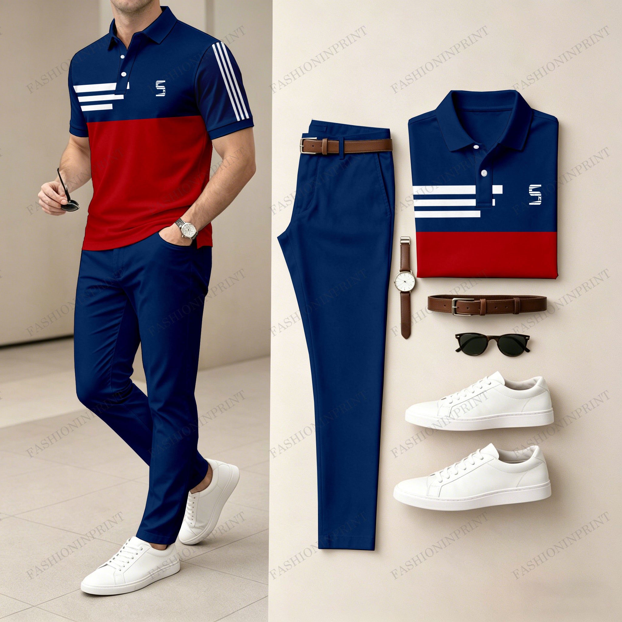 Men's Casual Navy Blue & Red Printed Polo Shirt And Pants Two-Piece Set