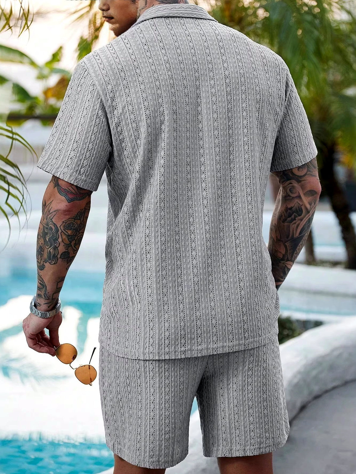 Men's Lyocell Cotton Casual Bermuda Shorts Elastic Waist Summer Shorts in Gray - product view
