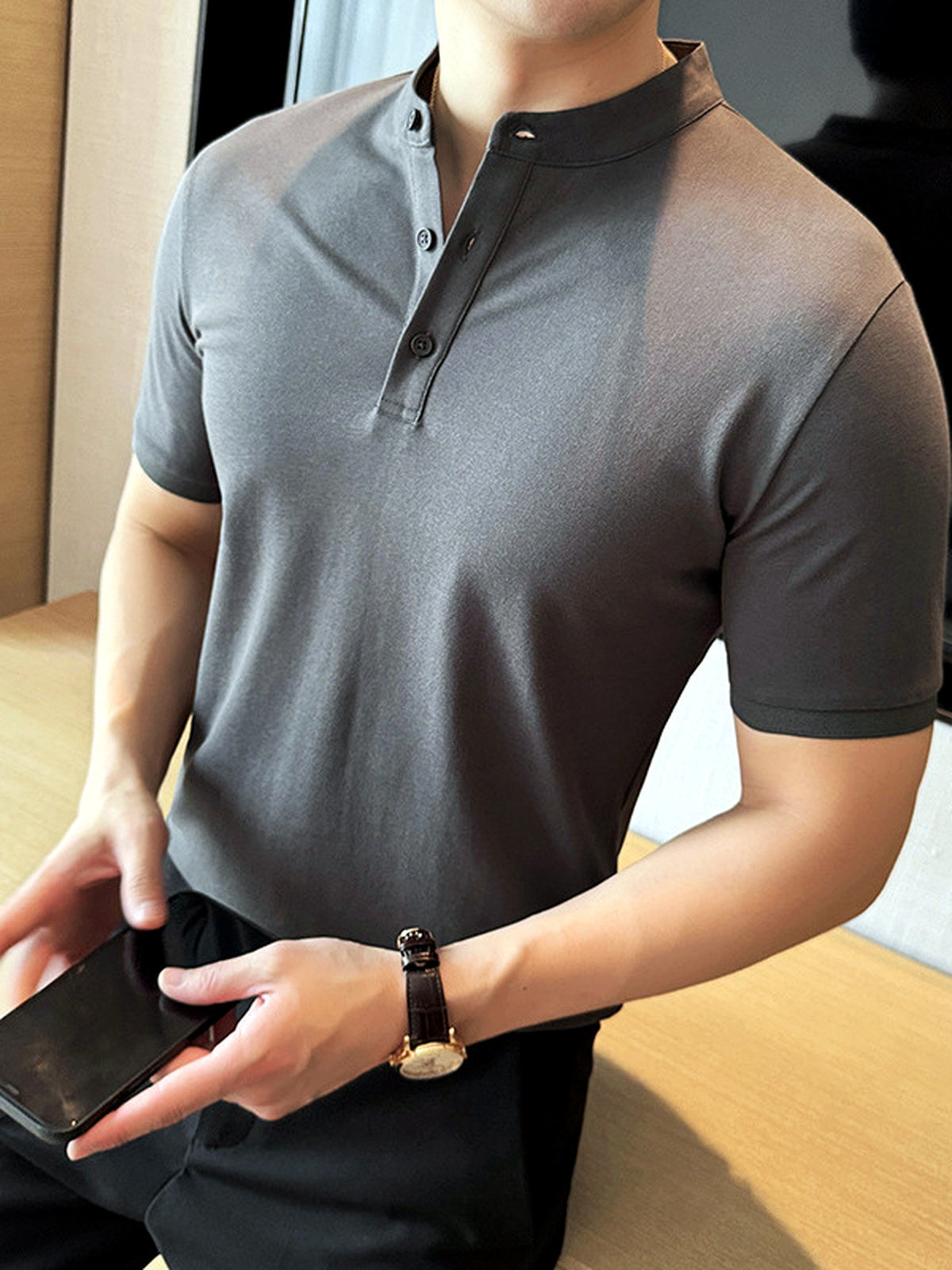 Men's Quick-Dry Henley Short Sleeve T-Shirt in Dark Gray - product view