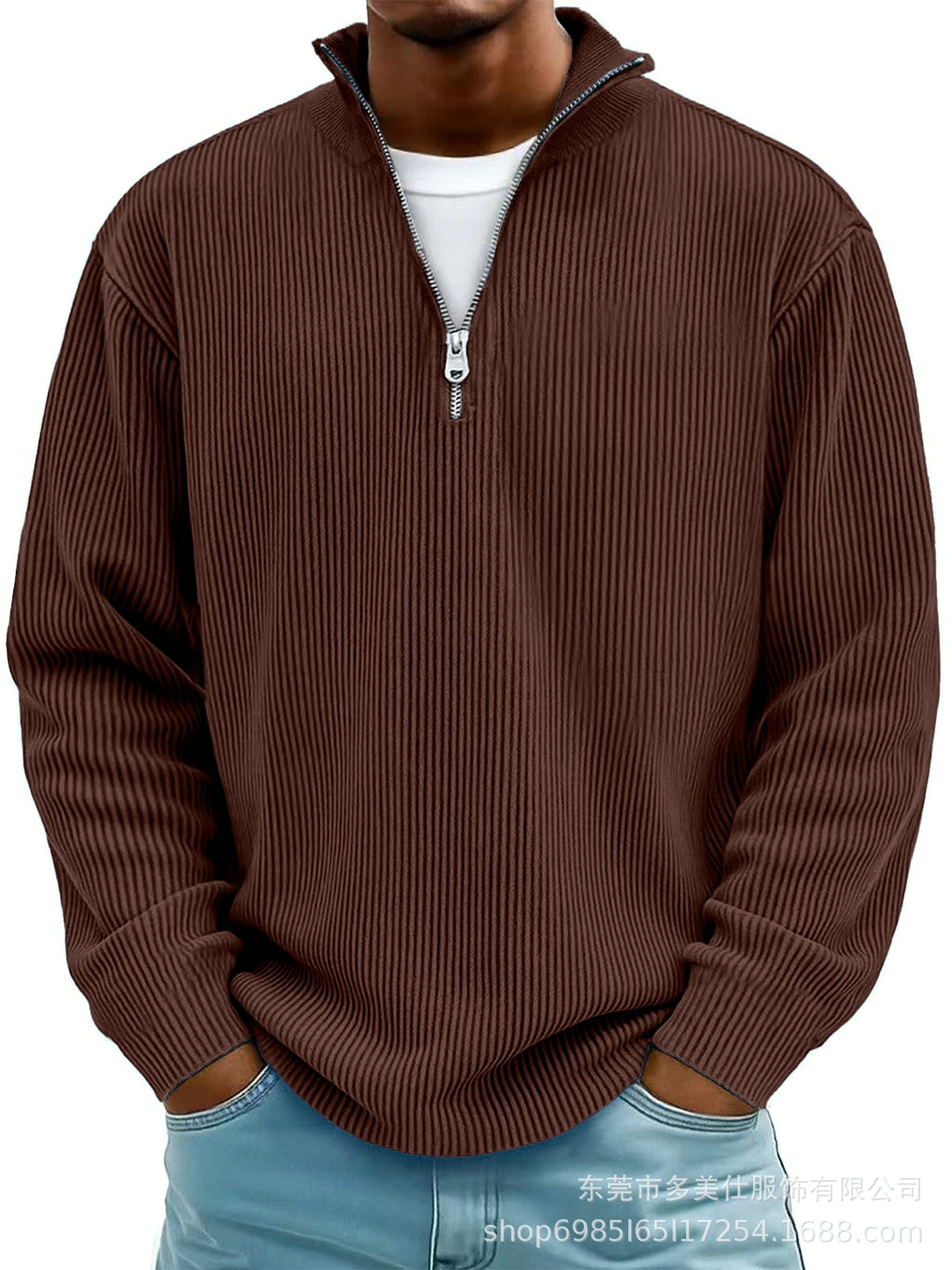 Men's Corduroy Quarter-Zip Stand Collar Long Sleeve Polo Shirt in Coffee Brown - product view