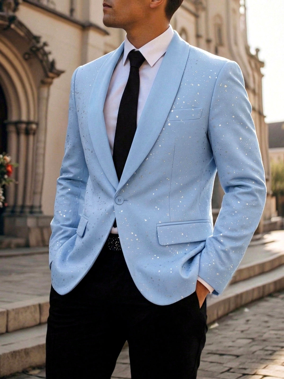 Men's Jacquard Blazer Suit Jacket One Button Party Banquet Formal Outfit in Light Blue - product view