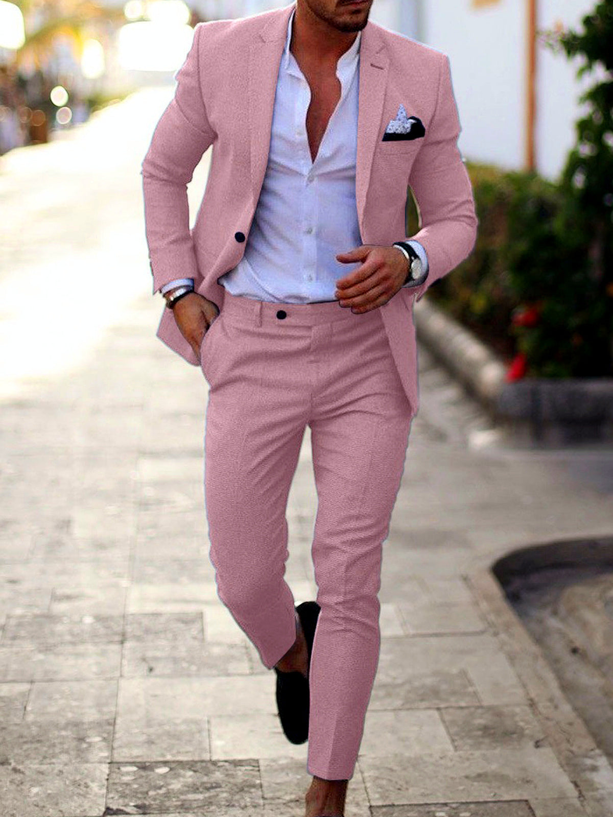 Men's Lightweight Business Blazer and Pants Set Casual Suit Outfit in Pink - product view