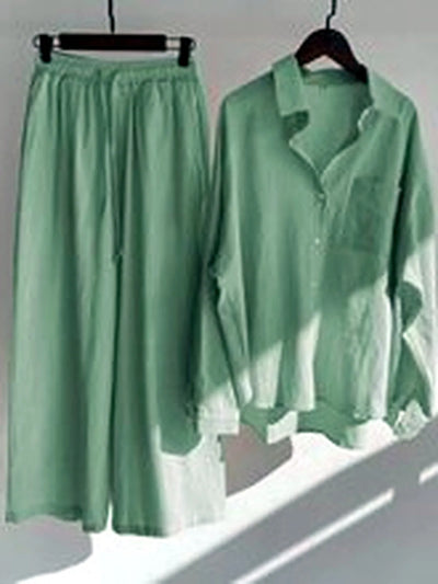 Women's Cotton Linen Two Piece Set with Shirt and Pants in Green - product view