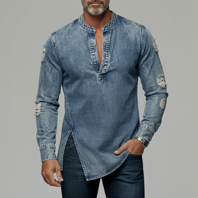 Men's Denim Blue Ripped Notch Neck Slit Asymmetrical Hem Long Sleeve Shirt