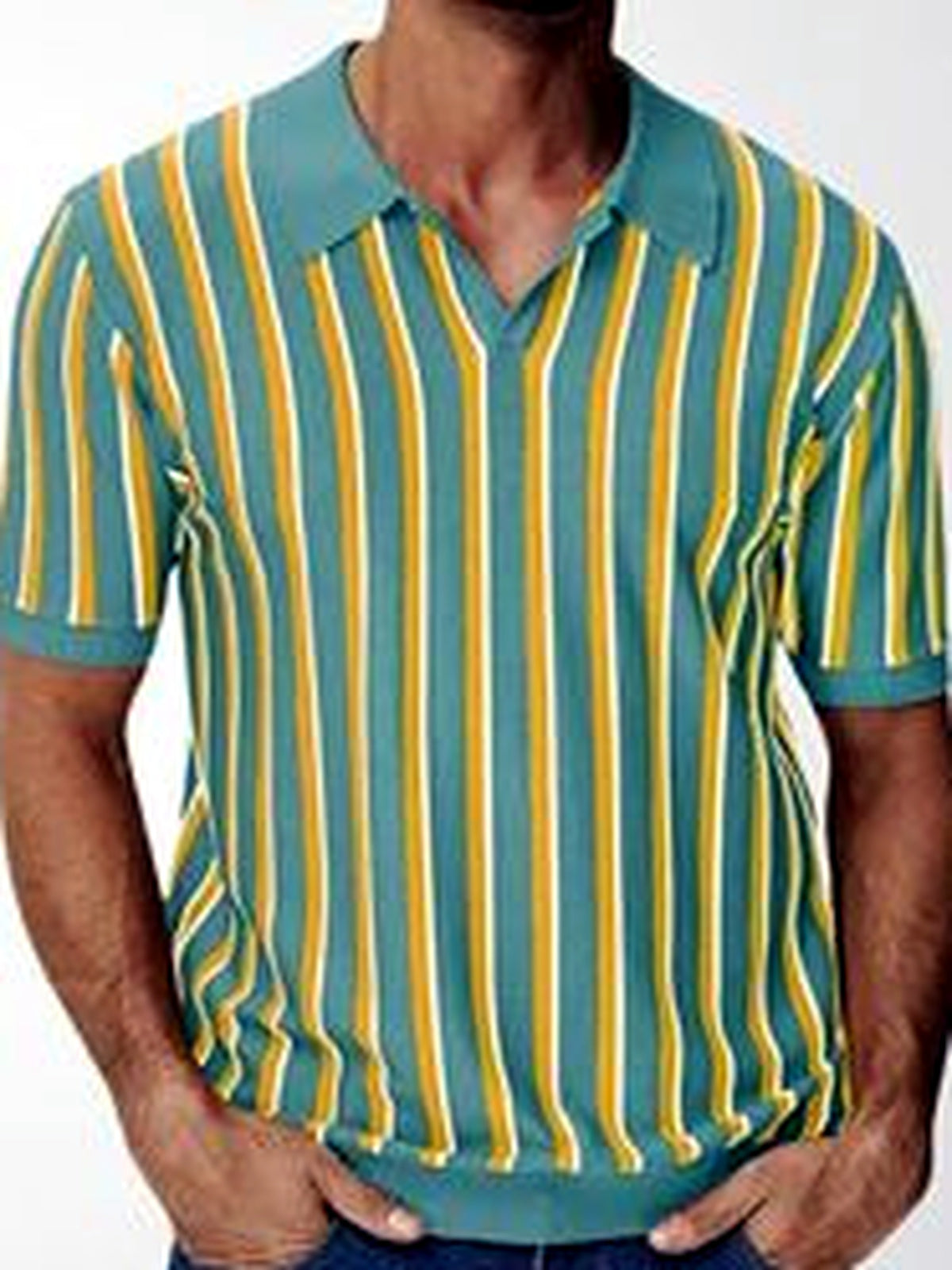 Men's Striped Jacquard Knit Short Sleeve Polo Shirt Business Casual Summer Top - product detail view 5