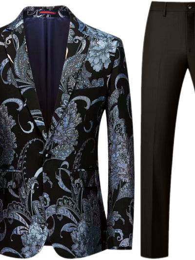Men's Jacquard Blazer Suit Jacket One Button Party Banquet Formal Outfit in Blue+Black - product view
